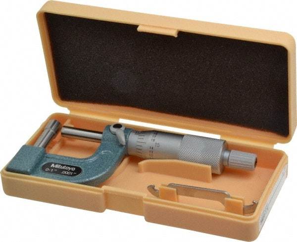 Mitutoyo - 1 Inch Measurement Range, 0.0001 Inch Graduation, Barrel Anvil, Ratchet Stop Thimble, Mechanical Tube Micrometer - Accurate Up to 0.0002 Inch, Carbide, Includes Plastic Case - Exact Tool & Supply