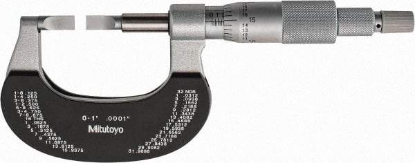 Mitutoyo - 0" to 1" Mechanical Satin Chrome Coated with Thermal Shield Blade Micrometer - 0.0002" Accuracy, 0.0001" Graduation, 0.75mm Blade Thickness, Ratchet Stop Thimble - Exact Tool & Supply