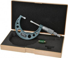 Mitutoyo - 1" to 2" Mechanical Hammertone Green Coated Blade Micrometer - 0.0002" Accuracy, 0.0001" Graduation, 0.75mm Blade Thickness, Ratchet Stop Thimble - Exact Tool & Supply