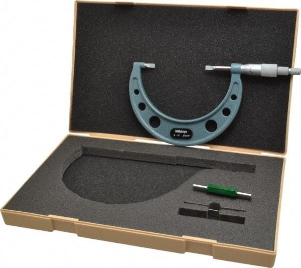 Mitutoyo - 3" to 4" Mechanical Hammertone Green Coated Blade Micrometer - 0.0002" Accuracy, 0.0001" Graduation, 0.75mm Blade Thickness, Ratchet Stop Thimble - Exact Tool & Supply