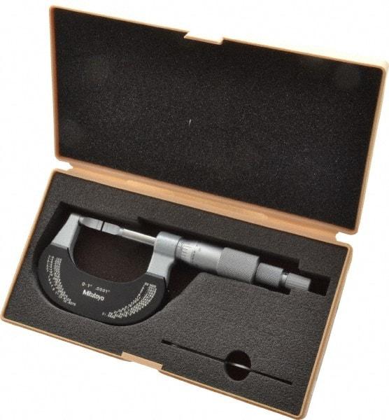 Mitutoyo - 0" to 1" Mechanical Baked Enamel Coated Blade Micrometer - 0.0002" Accuracy, 0.0001" Graduation, 0.4mm Blade Thickness, Ratchet Stop Thimble - Exact Tool & Supply
