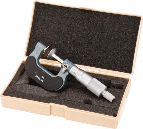 Mitutoyo - 0 to 1 Inch, 0.001 Inch Graduation, Ratchet Stop Thimble, Mechanical Disc Micrometer - 0.0002 Inch Accuracy, 20mm Disc, 6.35mm Spindle - Exact Tool & Supply