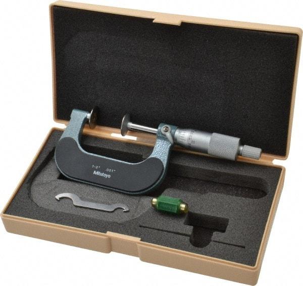 Mitutoyo - 1 to 2 Inch, 0.001 Inch Graduation, Ratchet Stop Thimble, Mechanical Disc Micrometer - 0.0002 Inch Accuracy, 20mm Disc, 6.35mm Spindle - Exact Tool & Supply