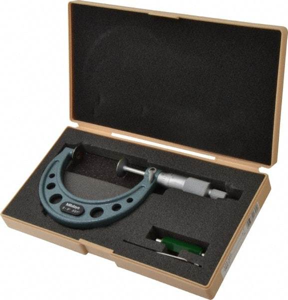 Mitutoyo - 2 to 3 Inch, 0.001 Inch Graduation, Ratchet Stop Thimble, Mechanical Disc Micrometer - 0.0003 Inch Accuracy, 20mm Disc, 6.35mm Spindle - Exact Tool & Supply