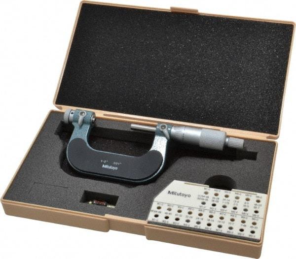 Mitutoyo - 1 to 2" Range, Mechanical Screw Thread Micrometer - Ratchet Stop Thimble, 0.001" Graduation, 0.0002" Accuracy - Exact Tool & Supply
