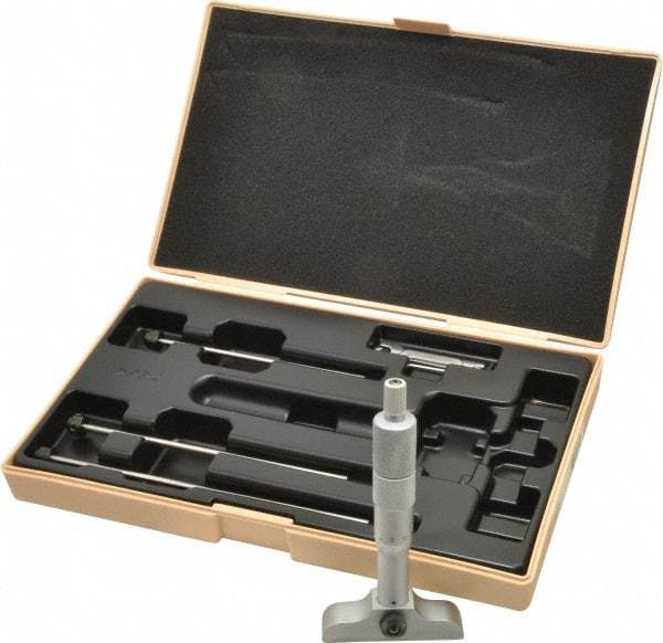 Mitutoyo - 0 to 100mm Range, 4 Rod, Satin Chrome Finish Mechanical Depth Micrometer - Ratchet Stop Thimble, 63.5mm Base Length, 0.01mm Graduation, 4mm Rod Diam - Exact Tool & Supply