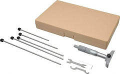 Mitutoyo - 0 to 150mm Range, 6 Rod, Satin Chrome Finish Mechanical Depth Micrometer - Ratchet Stop Thimble, 63.5mm Base Length, 0.01mm Graduation, 4mm Rod Diam - Exact Tool & Supply