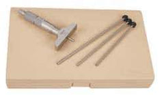 Mitutoyo - 0 to 100mm Range, 4 Rod, Satin Chrome Finish Mechanical Depth Micrometer - Ratchet Stop Thimble, 101.6mm Base Length, 0.01mm Graduation, 4mm Rod Diam - Exact Tool & Supply