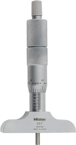 Mitutoyo - 0 to 4" Range, 4 Rod, Satin Chrome Finish Mechanical Depth Micrometer - Ratchet Stop Thimble, 2-1/2" Base Length, 0.01mm Graduation, 4mm Rod Diam - Exact Tool & Supply