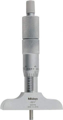 Mitutoyo - 0 to 4" Range, 4 Rod, Satin Chrome Finish Mechanical Depth Micrometer - Ratchet Stop Thimble, 2-1/2" Base Length, 0.01mm Graduation, 4mm Rod Diam - Exact Tool & Supply