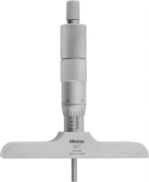 Mitutoyo - 0 to 4" Range, 4 Rod, Satin Chrome Finish Mechanical Depth Micrometer - Ratchet Stop Thimble, 4" Base Length, 0.01mm Graduation, 4mm Rod Diam - Exact Tool & Supply