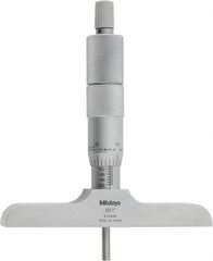 Mitutoyo - 0 to 4" Range, 4 Rod, Satin Chrome Finish Mechanical Depth Micrometer - Ratchet Stop Thimble, 4" Base Length, 0.01mm Graduation, 4mm Rod Diam - Exact Tool & Supply