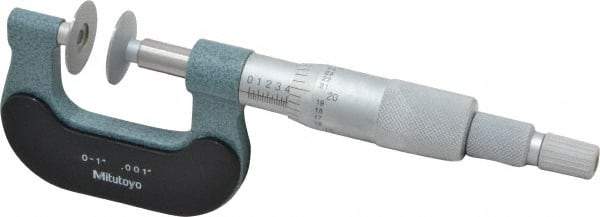 Mitutoyo - 0 to 1 Inch, 0.001 Inch Graduation, Ratchet Stop Thimble, Mechanical Disc Micrometer - 0.0002 Inch Accuracy, 0.7874 Inch Disc, 8mm Spindle, 0.0001 Inch Resolution - Exact Tool & Supply