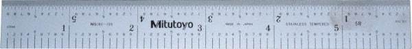 Mitutoyo - 6" Long, 1/100, 1/64, 1/32, 1/10" Graduation, Rigid Stainless Steel Rule - 5R Graduation Style, 3/4" Wide, Silver, Satin Chrome Finish - Exact Tool & Supply