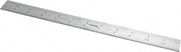 Mitutoyo - 12" Long, 1/100, 1/64, 1/32, 1/10" Graduation, Rigid Stainless Steel Rule - 5R Graduation Style, 1" Wide, Silver, Satin Chrome Finish - Exact Tool & Supply