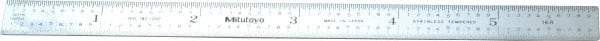 Mitutoyo - 6" Long, 1/100, 1/64, 1/50, 1/32" Graduation, Flexible Stainless Steel Rule - 16R Graduation Style, 1/2" Wide, Silver, Satin Chrome Finish - Exact Tool & Supply