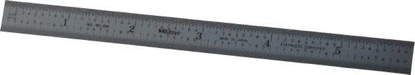 Mitutoyo - 6" Long, 1/100, 1/50" and 0.5, 1mm Graduation, Flexible Stainless Steel Rule - Decimal/Metric Graduation Style, 1/2" Wide, Silver, Satin Chrome Finish - Exact Tool & Supply