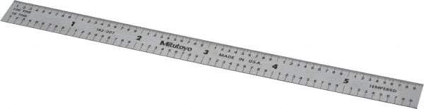 Mitutoyo - 6" Long, 1/100, 1/10" and 0.5, 1mm Graduation, Flexible Stainless Steel Rule - Decimal/Metric Graduation Style, 1/2" Wide, Silver, Satin Chrome Finish - Exact Tool & Supply