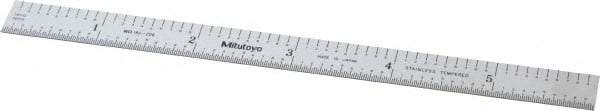Mitutoyo - 6" Long, 1/50, 1/10" and 0.5, 1mm Graduation, Flexible Stainless Steel Rule - Decimal/Metric Graduation Style, 1/2" Wide, Silver, Satin Chrome Finish - Exact Tool & Supply