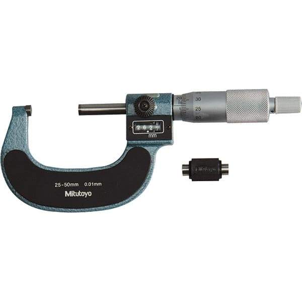 Mitutoyo - Standard Throat Electronic Outside Micrometer - Ratchet Stop Thimble, Carbide-Tipped Face - Exact Tool & Supply