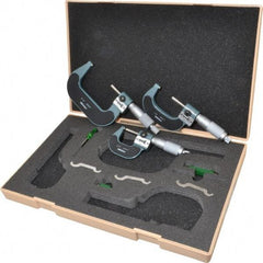Mitutoyo - 0 to 3" Range, 3 Piece Mechanical Outside Micrometer Set - 0.0001" Graduation, 0.0001" Accuracy, Friction (0 to 2"), Ratchet Stop (2 to 3") Thimble, Carbide Tipped Face - Exact Tool & Supply