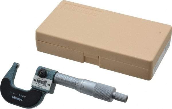 Mitutoyo - 1 Inch Max Measurement, 0.0001 Inch Graduation, Spherical Face Micrometer - Accuracy Up to 0.0002 Inch, Baked Enamel Coated, Steel Measuring Face Material, Mechanical Operation, Ratchet Stop Thimble, Ball - Exact Tool & Supply