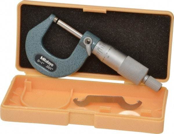 Mitutoyo - 0 to 1" Range, 0.001" Graduation, Mechanical Outside Micrometer - Ratchet Stop Thimble, Accurate to 0.0001" - Exact Tool & Supply
