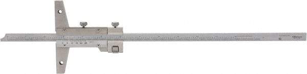 Mitutoyo - 0 to 12 Inch Measurement Range, 410mm Rule Length, 4 Inch Base Length, Vernier Depth Gage - 0.001 Inch Graduation, Accurate to 0.0015 Inch, Stainless Steel, Satin Chrome Coated - Exact Tool & Supply