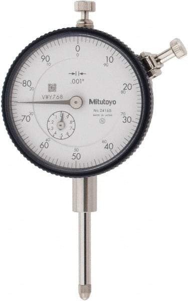 Mitutoyo - 1" Range, 0-100 Dial Reading, 0.001" Graduation Dial Drop Indicator - 2-3/16" Dial, 0.1" Range per Revolution, 0.002" Accuracy, Revolution Counter - Exact Tool & Supply