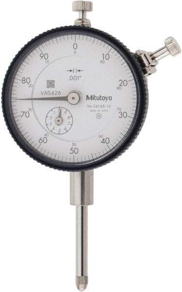 Mitutoyo - 1" Range, 0-100 Dial Reading, 0.001" Graduation Dial Drop Indicator - 2-3/16" Dial, 0.1" Range per Revolution, 0.002" Accuracy, Revolution Counter - Exact Tool & Supply