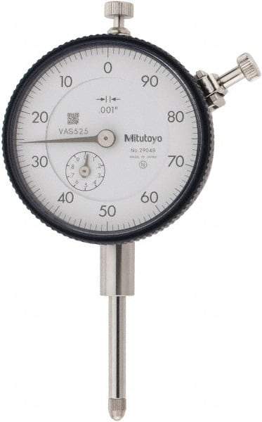 Mitutoyo - 1" Range, 100-0 Dial Reading, 0.001" Graduation Dial Drop Indicator - 2-1/4" Dial, 0.1" Range per Revolution, 0.002" Accuracy, Revolution Counter - Exact Tool & Supply