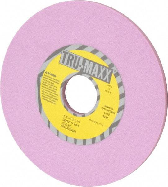 Tru-Maxx - 6" Diam x 1-1/4" Hole x 1/4" Thick, K Hardness, 80 Grit Surface Grinding Wheel - Aluminum Oxide, Type 1, Medium Grade, 5,410 Max RPM, Vitrified Bond, No Recess - Exact Tool & Supply
