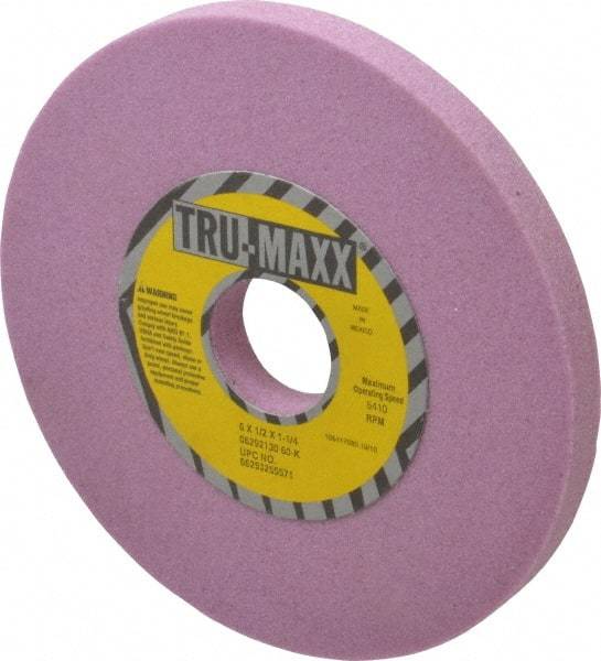Tru-Maxx - 6" Diam x 1-1/4" Hole x 1/2" Thick, K Hardness, 60 Grit Surface Grinding Wheel - Aluminum Oxide, Type 1, Medium Grade, 5,410 Max RPM, Vitrified Bond, No Recess - Exact Tool & Supply