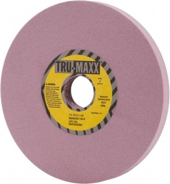 Tru-Maxx - 7" Diam x 1-1/4" Hole x 1/2" Thick, K Hardness, 100 Grit Surface Grinding Wheel - Aluminum Oxide, Type 1, Fine Grade, 3,600 Max RPM, Vitrified Bond, No Recess - Exact Tool & Supply