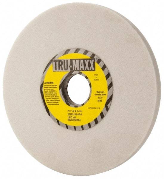 Tru-Maxx - 7" Diam x 1-1/4" Hole x 1/2" Thick, K Hardness, 60 Grit Surface Grinding Wheel - Aluminum Oxide, Type 1, Medium Grade, 3,600 Max RPM, Vitrified Bond, No Recess - Exact Tool & Supply
