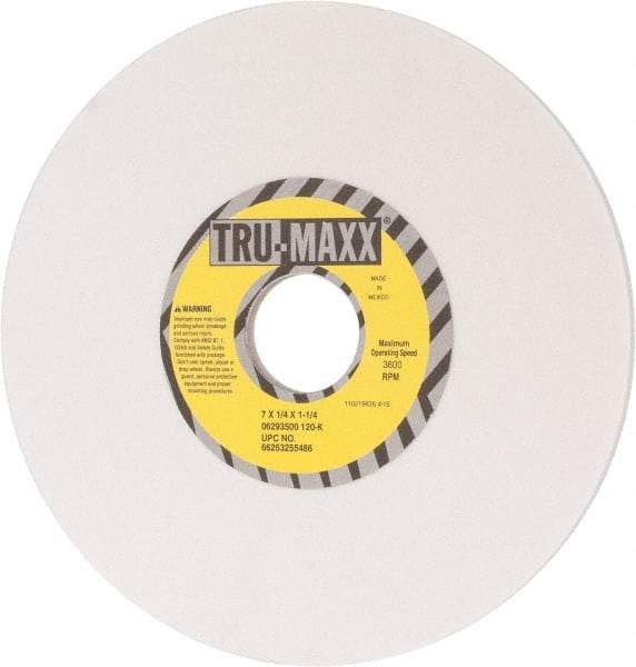 Tru-Maxx - 7" Diam x 1-1/4" Hole x 1/4" Thick, K Hardness, 120 Grit Surface Grinding Wheel - Aluminum Oxide, Type 1, Fine Grade, 3,600 Max RPM, Vitrified Bond, No Recess - Exact Tool & Supply