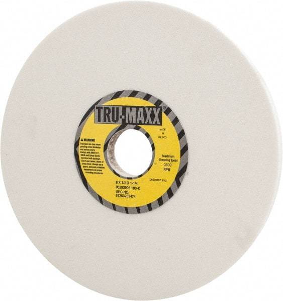 Tru-Maxx - 8" Diam x 1-1/4" Hole x 1/2" Thick, K Hardness, 100 Grit Surface Grinding Wheel - Aluminum Oxide, Type 1, Fine Grade, 3,600 Max RPM, Vitrified Bond, No Recess - Exact Tool & Supply