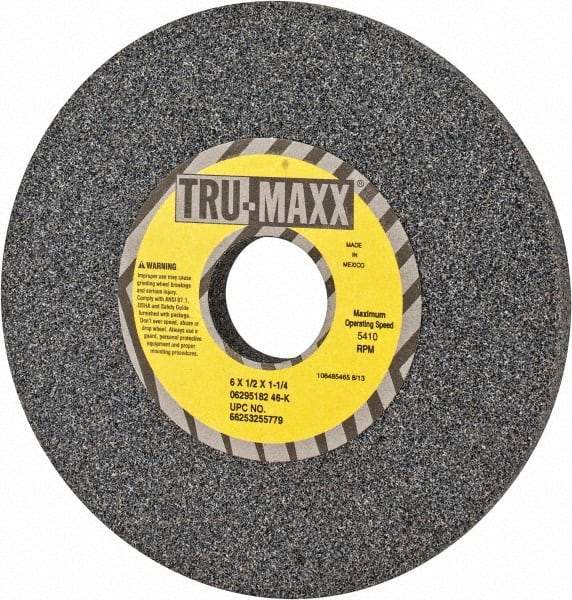 Tru-Maxx - 6" Diam x 1-1/4" Hole x 1/2" Thick, K Hardness, 46 Grit Surface Grinding Wheel - Aluminum Oxide, Type 1, Coarse Grade, 5,410 Max RPM, Vitrified Bond, No Recess - Exact Tool & Supply