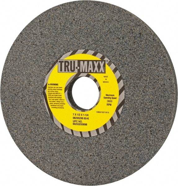 Tru-Maxx - 7" Diam x 1-1/4" Hole x 1/2" Thick, K Hardness, 60 Grit Surface Grinding Wheel - Aluminum Oxide, Type 1, Medium Grade, 3,600 Max RPM, Vitrified Bond, No Recess - Exact Tool & Supply