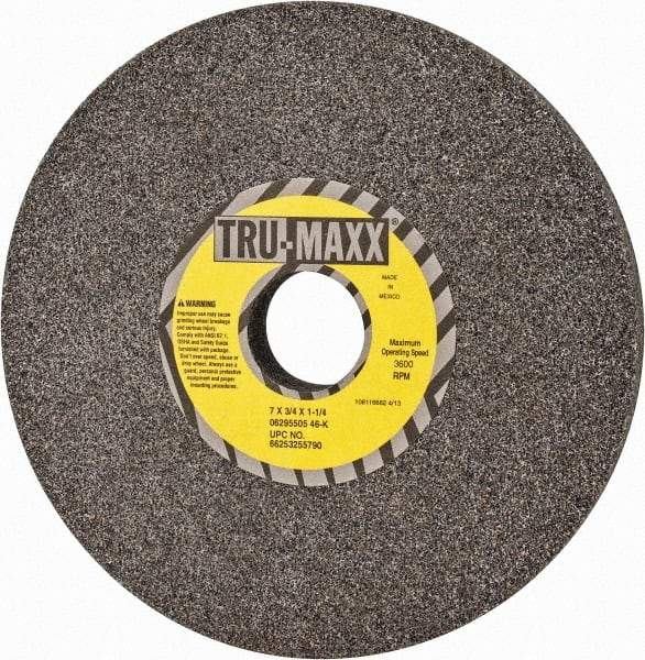 Tru-Maxx - 7" Diam x 1-1/4" Hole x 3/4" Thick, K Hardness, 46 Grit Surface Grinding Wheel - Aluminum Oxide, Type 1, Coarse Grade, 3,600 Max RPM, Vitrified Bond, No Recess - Exact Tool & Supply