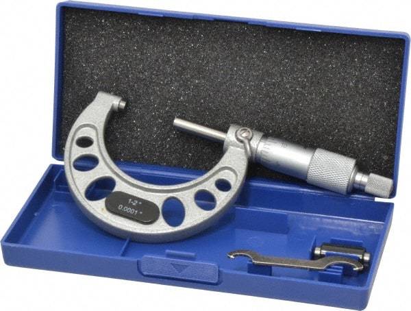 Value Collection - 1 to 2" Range, 0.0001" Graduation, Mechanical Outside Micrometer - Ratchet Stop Thimble, Accurate to 0.0001" - Exact Tool & Supply