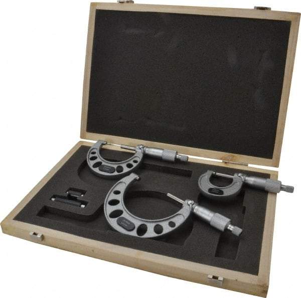 Value Collection - 0 to 75mm Range, 3 Piece Mechanical Outside Micrometer Set - 0.01mm Graduation, 0.005mm Accuracy, Ratchet Stop Thimble, Steel Face - Exact Tool & Supply
