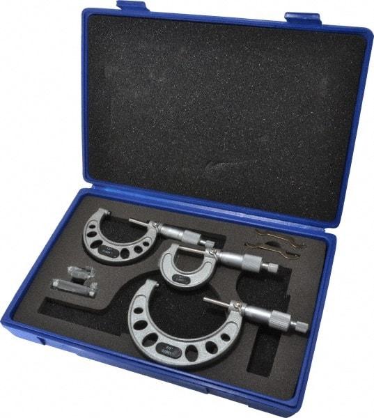 Value Collection - 0 to 3" Range, 3 Piece Mechanical Outside Micrometer Set - 0.0001" Graduation, 0.0001" Accuracy, Ratchet Stop Thimble, Steel Face - Exact Tool & Supply