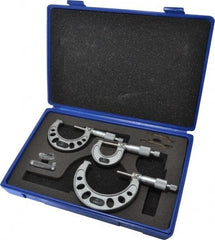 Value Collection - 0 to 3" Range, 3 Piece Mechanical Outside Micrometer Set - 0.0001" Graduation, 0.0001" Accuracy, Ratchet Stop Thimble, Steel Face - Exact Tool & Supply
