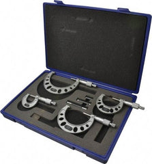 Value Collection - 0 to 100mm Range, 4 Piece Mechanical Outside Micrometer Set - 0.01mm Graduation, 0.005mm Accuracy, Ratchet Stop Thimble, Steel Face - Exact Tool & Supply