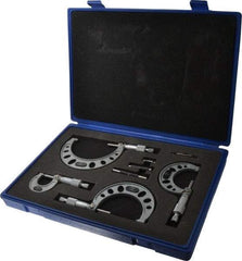 Value Collection - 0 to 4" Range, 4 Piece Mechanical Outside Micrometer Set - 0.0001" Graduation, 0.0001" Accuracy, Ratchet Stop Thimble, Steel Face - Exact Tool & Supply