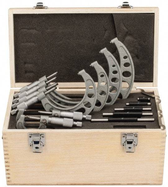 Value Collection - 0 to 6" Range, 6 Piece Mechanical Outside Micrometer Set - 0.0001" Graduation, 0.0001" Accuracy, Ratchet Stop Thimble, Steel Face - Exact Tool & Supply