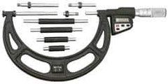 Starrett - 16 to 20" Range, 0.0001" Resolution, Standard Throat, Electronic Outside Micrometer - 0.0004" Accuracy, Friction Thimble, Micro Lapped Carbide Face, CR2450 Battery, Data Output, Includes 3V Battery - Exact Tool & Supply