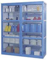 Denios - 2 Door, 8 Shelf, Blue Steel Caged Containment Shelving Safety Cabinet for Corrosive Chemicals - 87" High x 74" Wide x 28" Deep, Manual Closing Door - Exact Tool & Supply