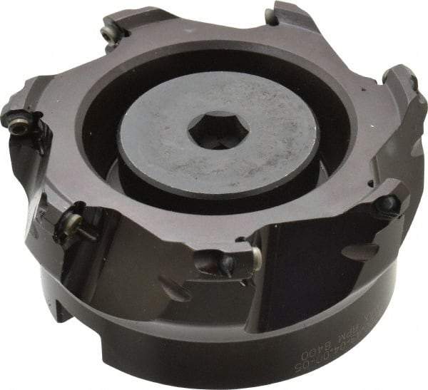 Seco - 3.94" Cut Diam, 1-1/2" Arbor Hole, 0.138" Max Depth of Cut, 43° Indexable Chamfer & Angle Face Mill - 7 Inserts, OF.. 05T305 Insert, Right Hand Cut, 7 Flutes, Series R220.43 - Exact Tool & Supply